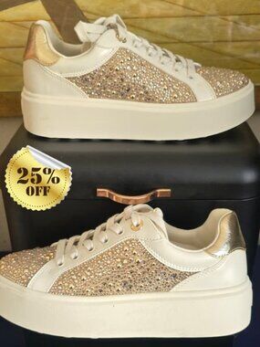 Michael Kors White Gold Rhinestone Sneakers Women Platform Shoes MK Sparkle